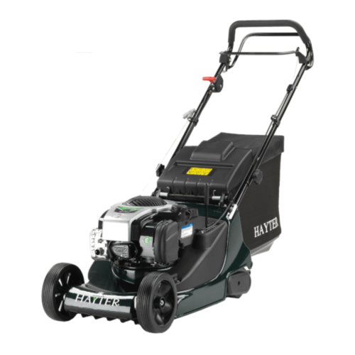 Hayter Harrier 41 Autodrive VS 375A petrol lawn mower with variable speed self-propelled drive, rear roller and grass collection bag for creating a striped lawn finish.