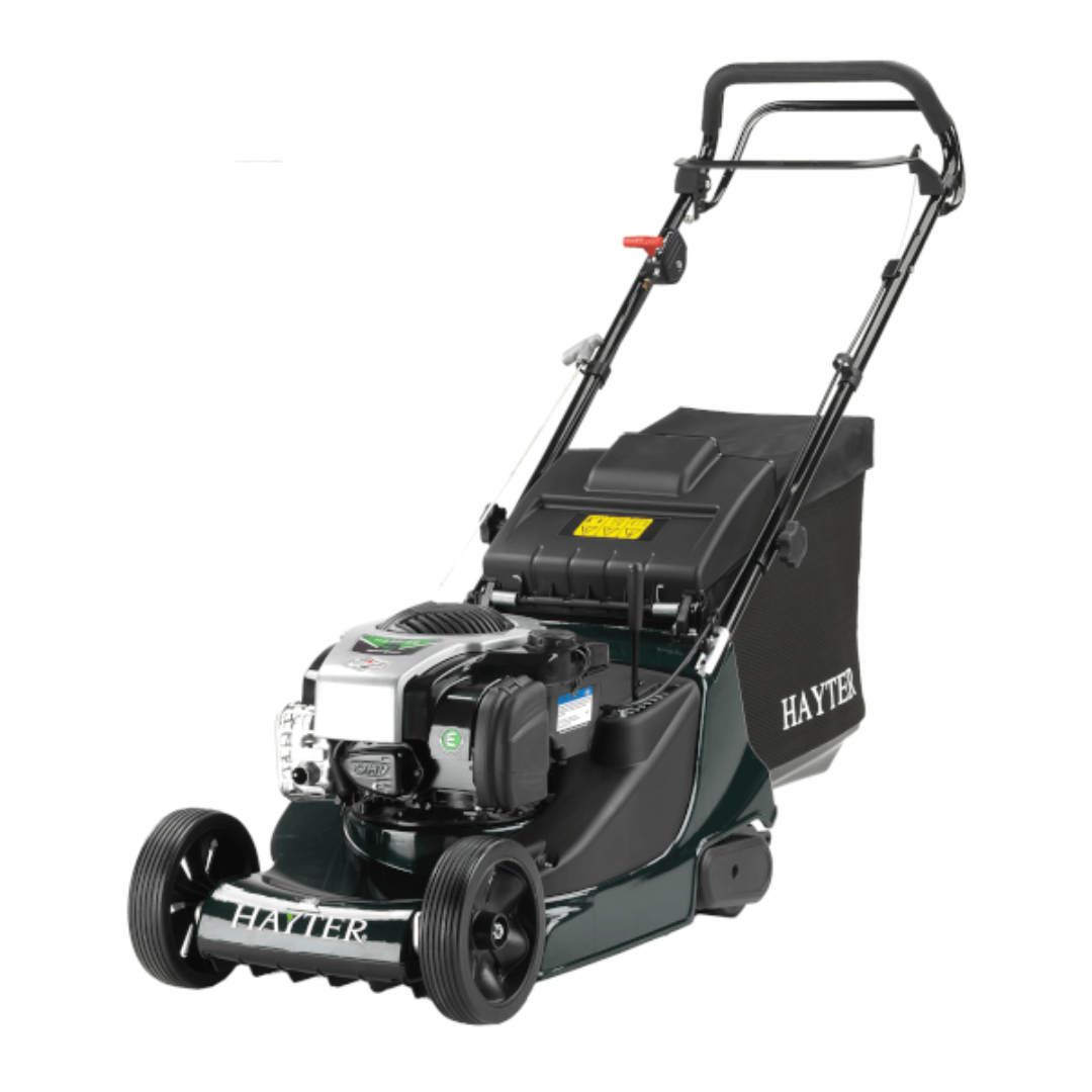 Hayter Harrier 41 Autodrive VS 375A petrol lawn mower with variable speed self-propelled drive, rear roller and grass collection bag for creating a striped lawn finish.
