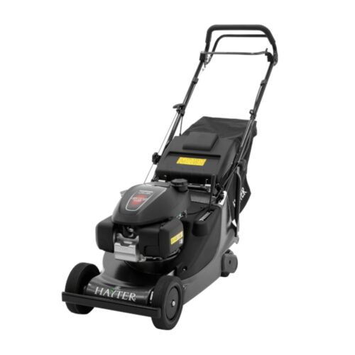 Hayter Harrier 41 Pro Autodrive 379B self-propelled petrol lawn mower with rear roller, aluminium cutter deck and grass collection bag for professional striped lawn finishes.