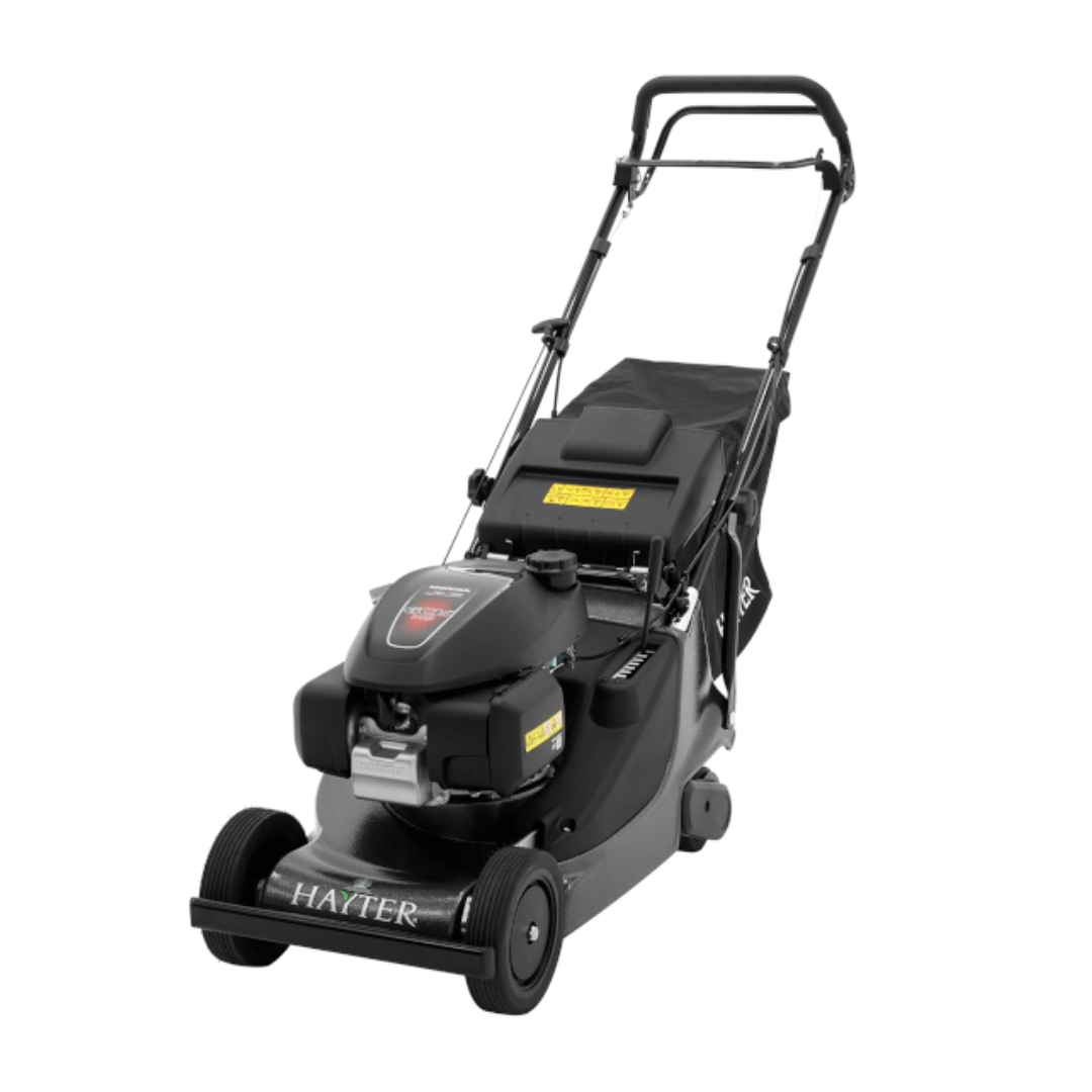 Hayter Harrier 41 Pro Autodrive 379B self-propelled petrol lawn mower with rear roller, aluminium cutter deck and grass collection bag for professional striped lawn finishes.