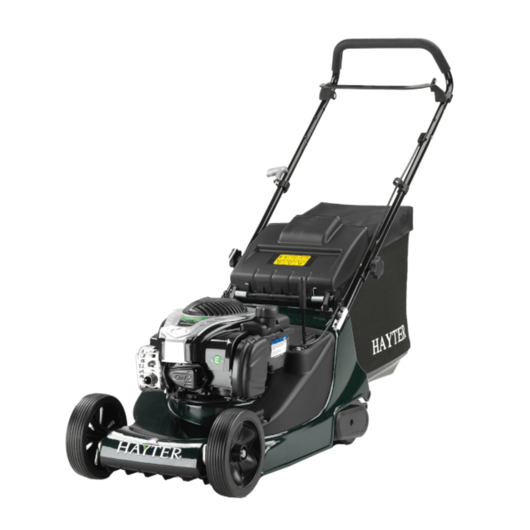 Hayter Harrier 41 Push 374A petrol lawn mower with rear roller, grass collection bag and 41cm cutting width for creating a classic striped lawn finish.