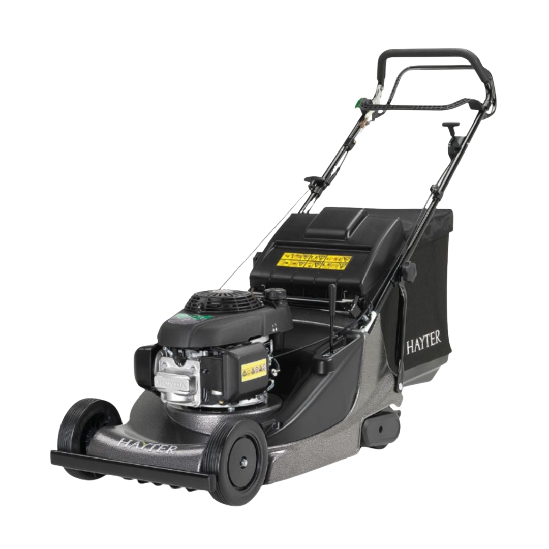 Hayter Harrier 48 Pro Autodrive BBC 479C self-propelled petrol lawn mower with Blade Brake Clutch, rear roller, aluminium cutter deck and grass collection bag for professional striped lawn finishes.