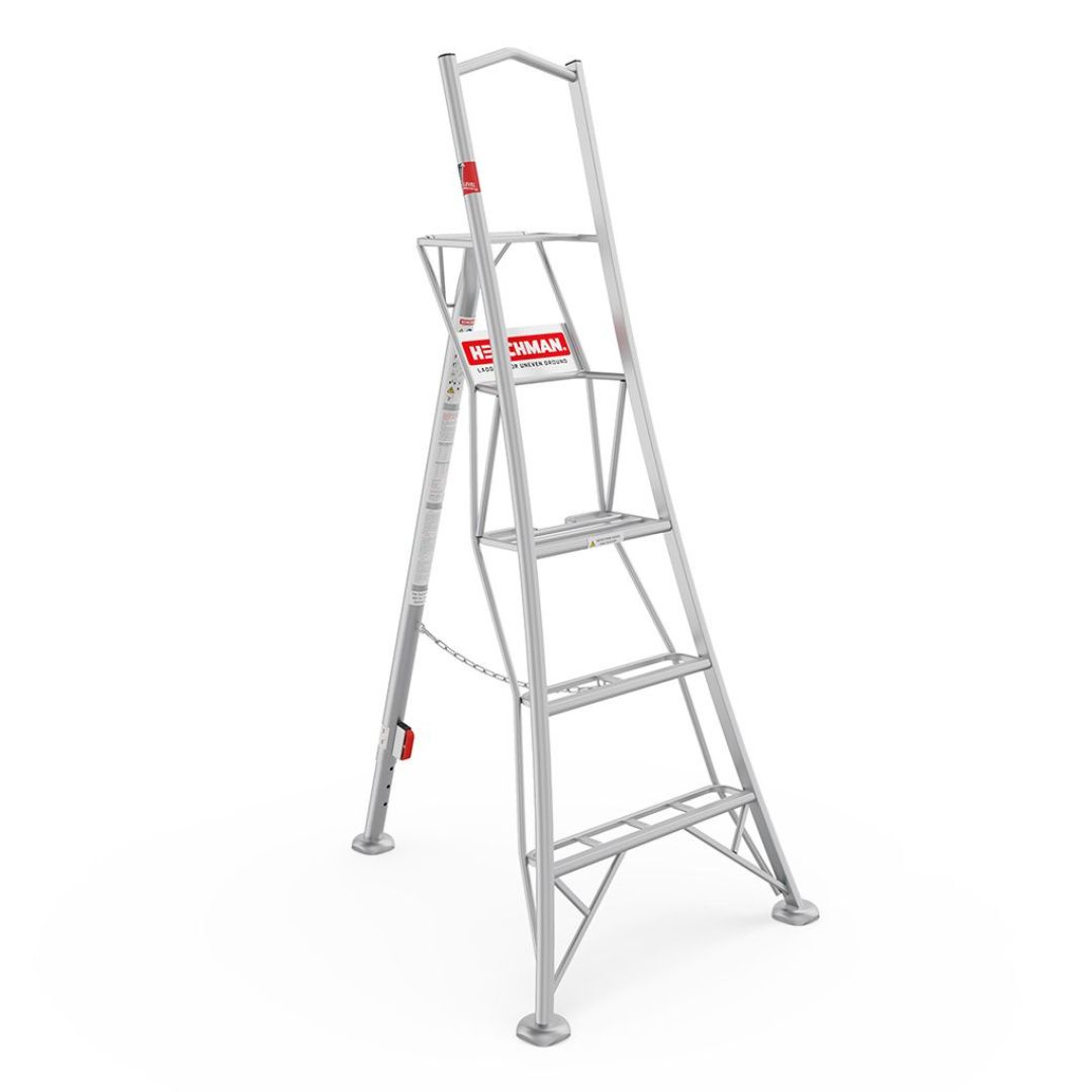 Henchman HMT180.1 1.8m (6ft) platform tripod ladder with one adjustable leg, spacious standing platform and support rail, designed for safe working on uneven ground, displayed on a white background.