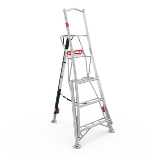 Henchman HMT180.3 1.8m (6ft) platform tripod ladder with three adjustable legs, large standing platform and safety support rail, designed for stable working on uneven ground, shown on a white background.