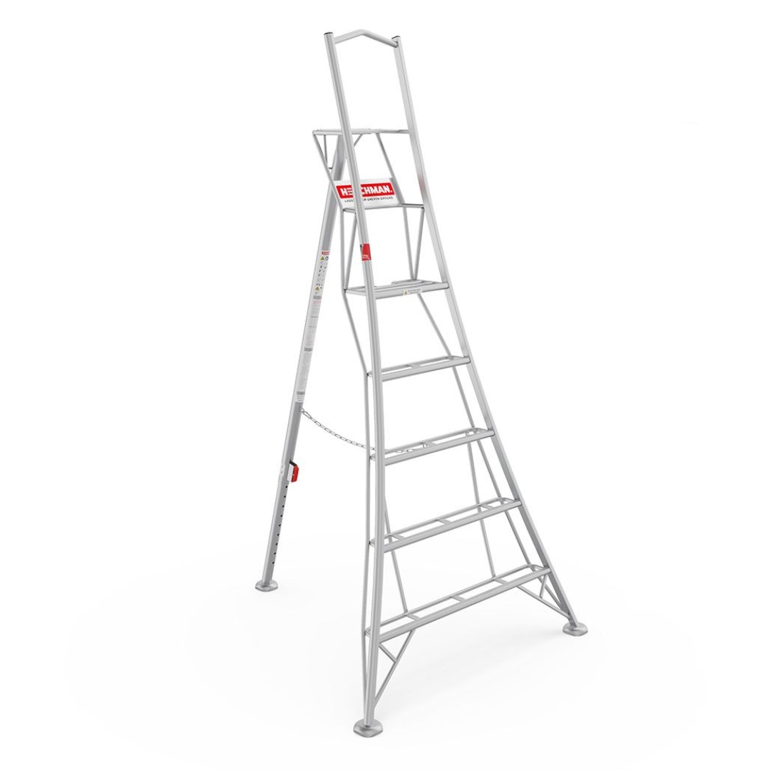 Henchman HMT240.1 2.4m (8ft) platform tripod ladder with one adjustable leg, large standing platform and safety support rail, designed for secure working on uneven ground, shown on a white background.