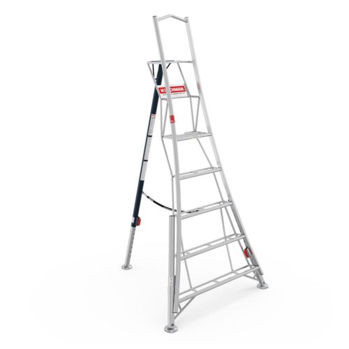 Henchman HMT240.3 2.4m (8ft) platform tripod ladder with three adjustable legs, large standing platform and safety support rail, designed for stable working on uneven ground, shown on a white background.