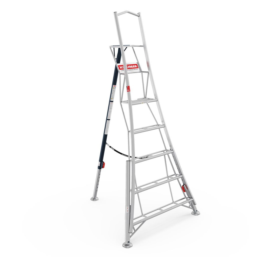 Henchman HMT240.3 2.4m (8ft) platform tripod ladder with three adjustable legs, large standing platform and safety support rail, designed for stable working on uneven ground, shown on a white background.