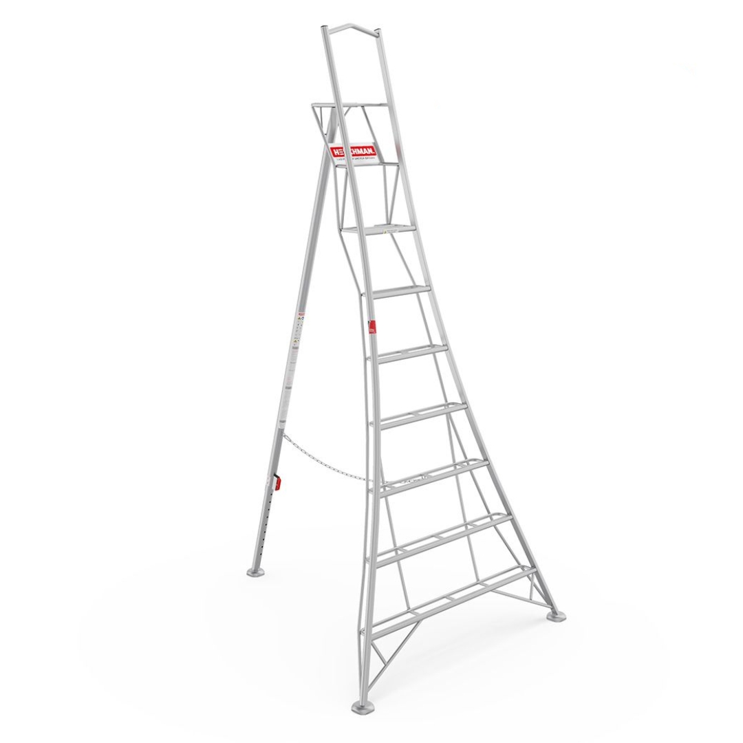 Henchman HMT300.1 3.0m (10ft) platform tripod ladder with one adjustable leg, large standing platform and safety support rail, designed for secure working on uneven ground, shown on a white background.