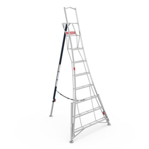 Henchman HMT300.3 3.0m (10ft) platform tripod ladder with three adjustable legs, large standing platform and safety support rail, designed for stable working on uneven ground, shown on a white background.