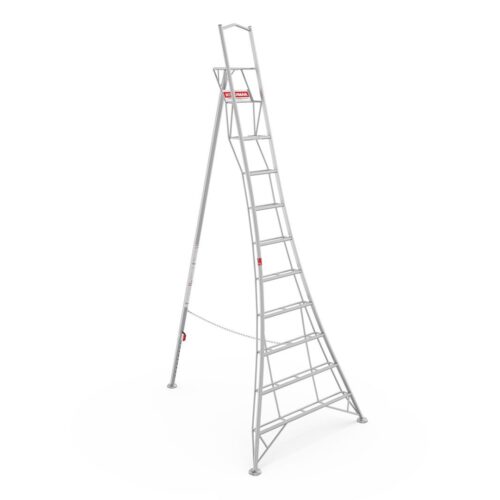 Henchman HMT360.1 3.6m (12ft) platform tripod ladder with one adjustable leg, large standing platform and safety support rail, designed for secure working on uneven ground, shown on a white background.