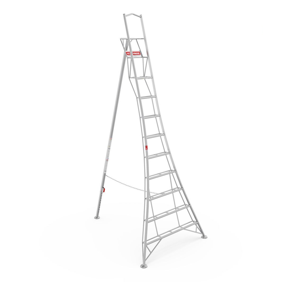 Henchman HMT360.1 3.6m (12ft) platform tripod ladder with one adjustable leg, large standing platform and safety support rail, designed for secure working on uneven ground, shown on a white background.