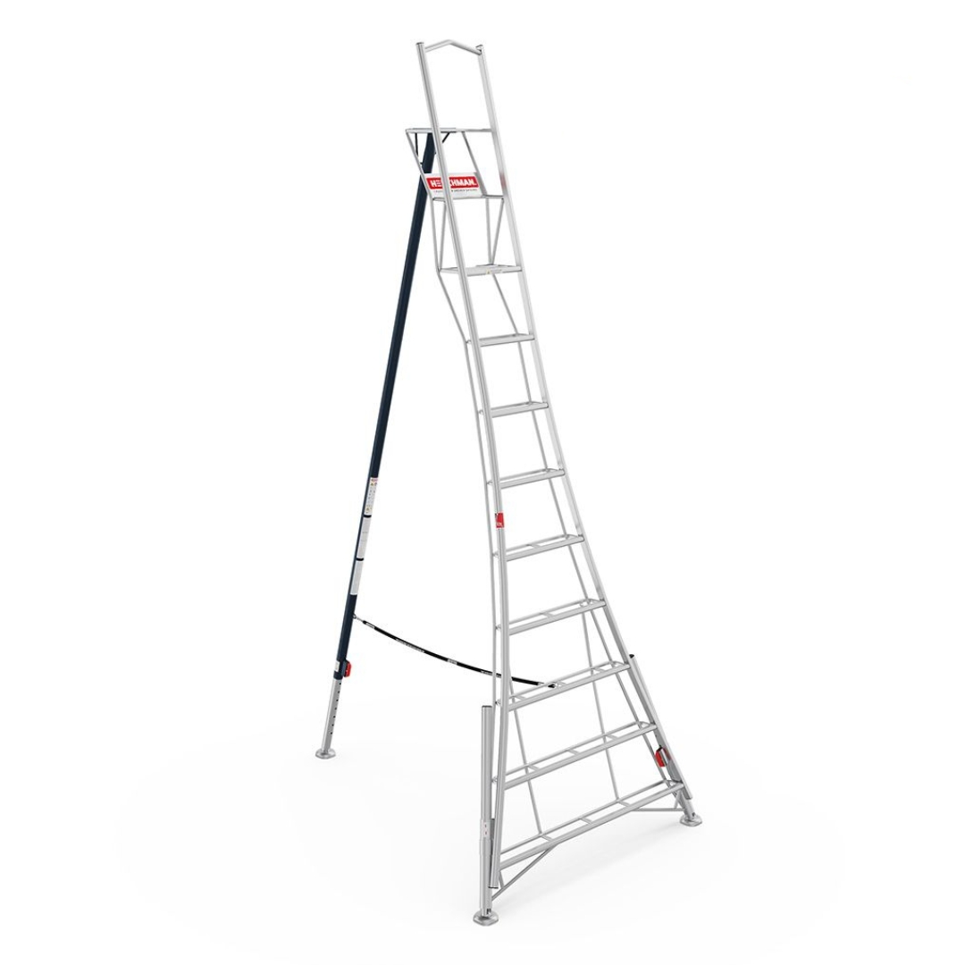 Henchman HMT360.3 3.6m (12ft) platform tripod ladder with three adjustable legs, large standing platform and safety support rail, designed for stable working on uneven ground, shown on a white background.