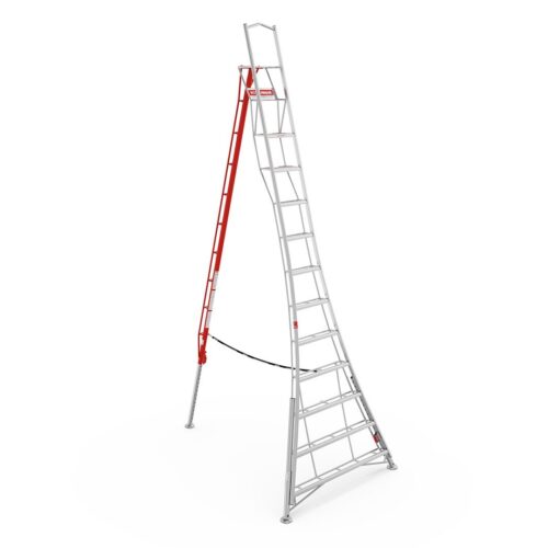 Henchman HMT420.P 4.2m (14ft) fully adjustable PRO platform tripod ladder with independently adjustable legs, extra-large standing platform and safety support rail, designed for stable working on uneven ground, shown on a white background.
