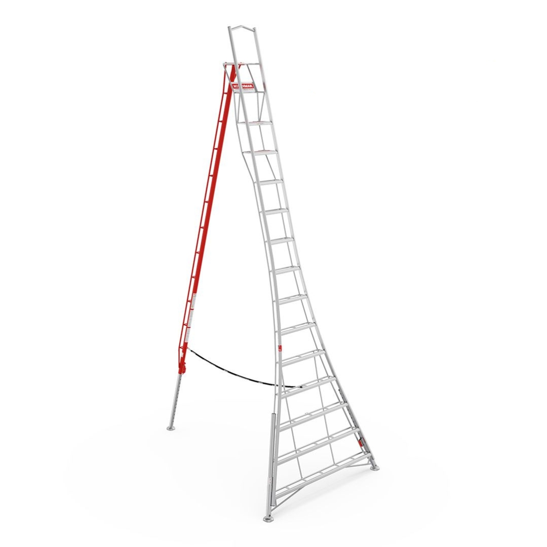 Henchman HMT480.P 4.8m (16ft) fully adjustable PRO platform tripod ladder with independently adjustable legs, extra-large standing platform and safety support rail, designed for stable working on uneven ground, shown on a white background.