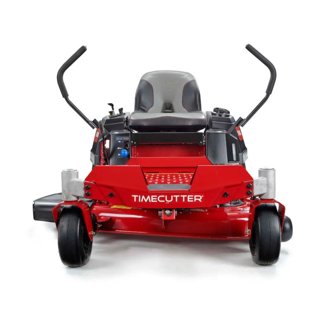 Toro TimeCutter ZS4200T petrol zero-turn lawn mower with 42-inch cutting deck, high-back comfort seat and twin steering levers, shown from the front.