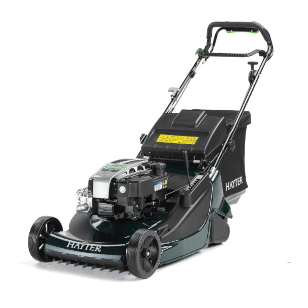 Hayter Harrier 56 BBC System 575A self-propelled petrol lawn mower with Blade Brake Clutch, rear roller, 56cm cutting width and grass collection bag for large striped lawns.