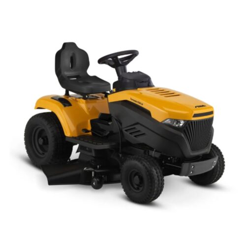Stiga Tornado 5108W petrol garden tractor with side discharge cutting deck, yellow bodywork and comfortable driver's seat, shown from the front three-quarter angle on a white background.