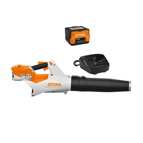 STIHL BGA 60 cordless blower kit from the AK Battery System including AK 30 battery and AL 101 charger, lightweight battery-powered leaf blower for clearing leaves and garden debris.