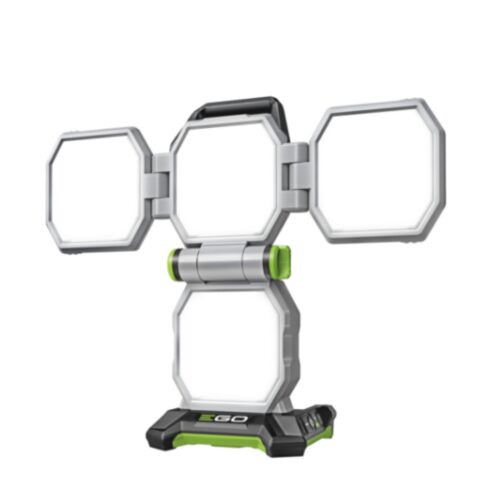EGO LT1000E portable area light with four adjustable LED light panels fully opened, cordless work light for workshops, construction sites and outdoor projects.