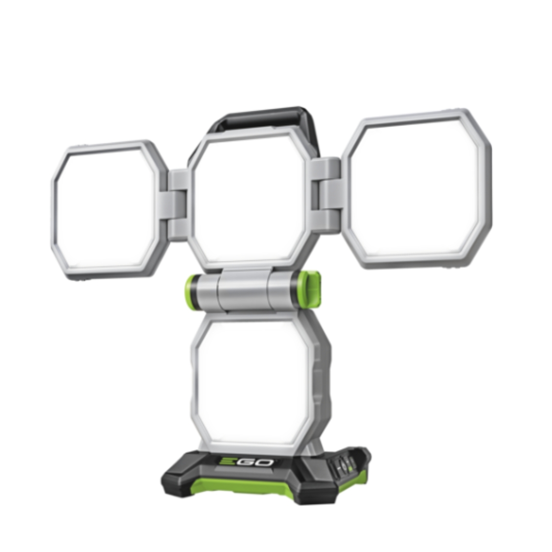 EGO LT1000E portable area light with four adjustable LED light panels fully opened, cordless work light for workshops, construction sites and outdoor projects.
