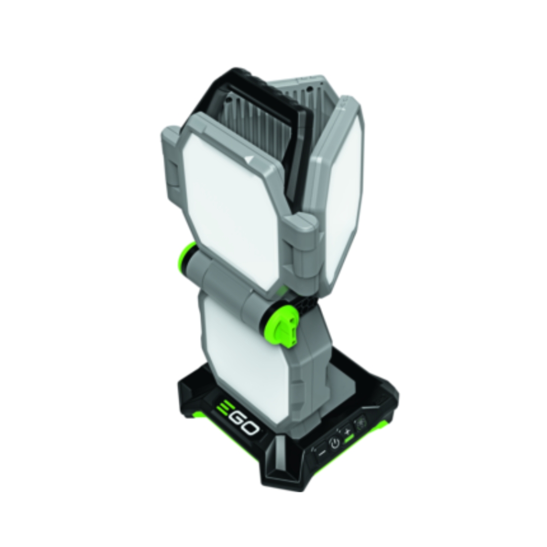 EGO LT1000E portable area light in folded position, compact cordless LED work light with adjustable panels for site work, workshops and emergency lighting.