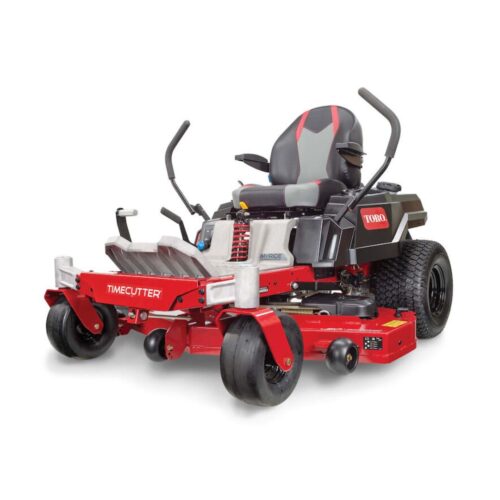 Toro TimeCutter MR5075T petrol zero-turn lawn mower with 50-inch fabricated cutting deck, MyRIDE® suspension and premium operator controls, shown from the front three-quarter angle.