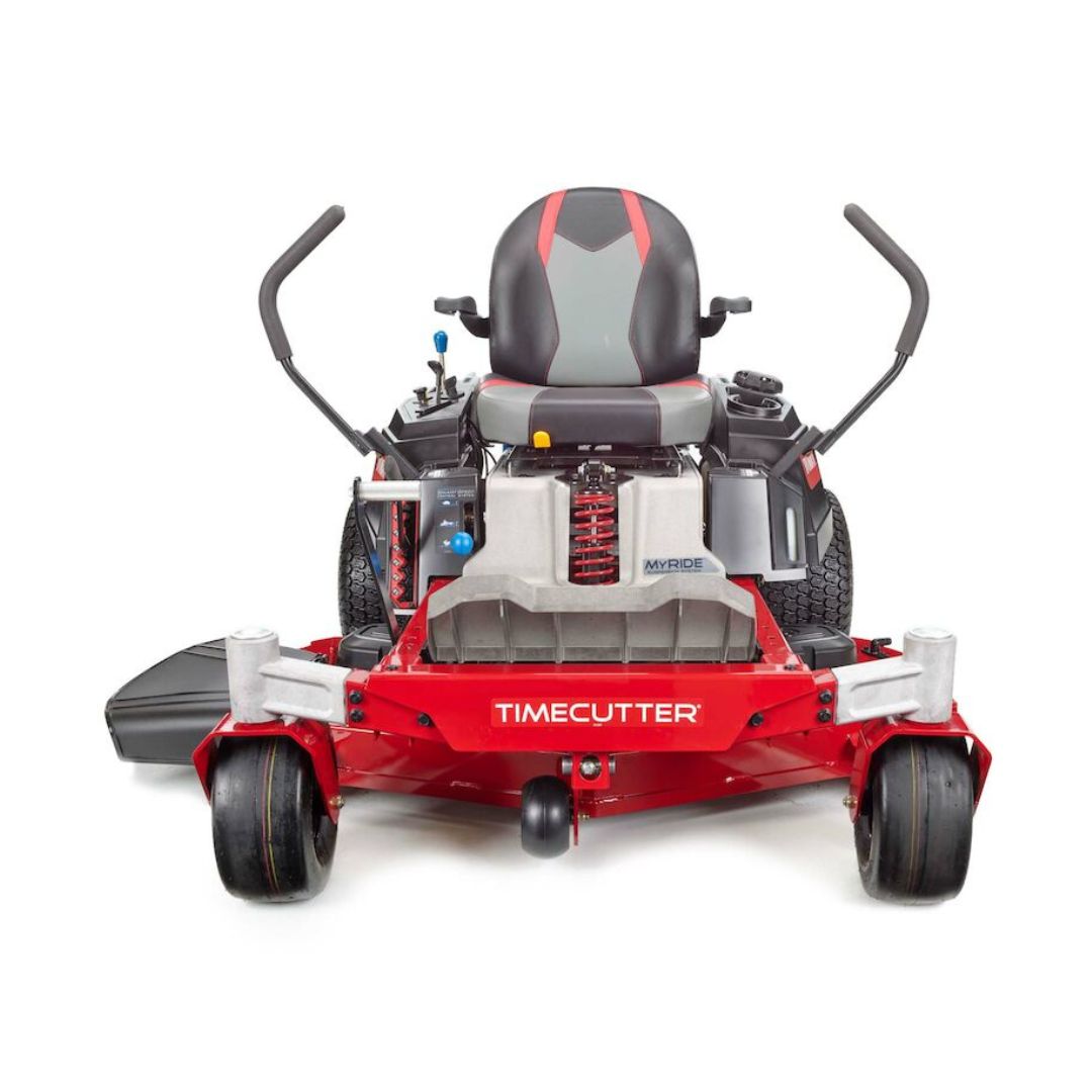 Toro TimeCutter MR5075T petrol zero-turn lawn mower with 50-inch fabricated cutting deck, MyRIDE® suspension system and high-back comfort seat, shown from the front.