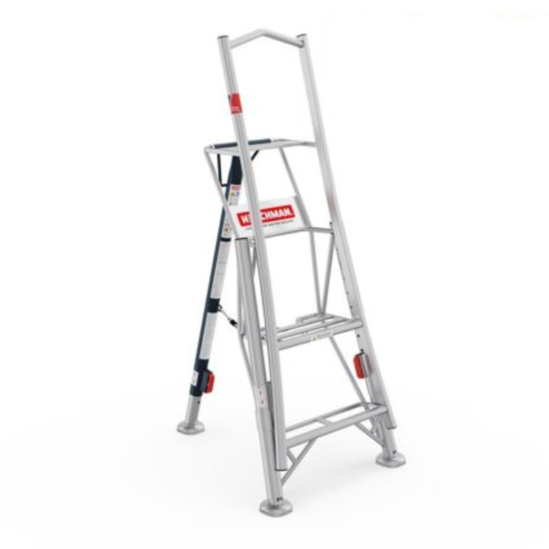 Henchman HMT150.3 1.5m (5ft) platform tripod ladder with three adjustable legs, large standing platform and support rail, designed for safe use on uneven ground, displayed on a white background.