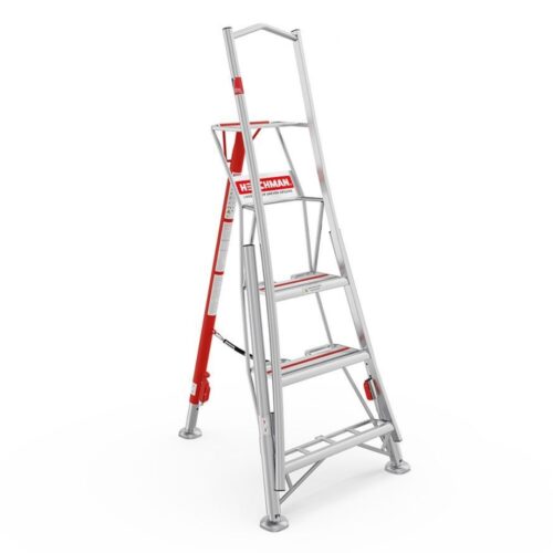 Henchman HMT180.P 6ft fully adjustable PRO tripod ladder with independently adjustable legs, large standing platform and safety support rail, designed for maximum stability on uneven ground, shown on a white background.
