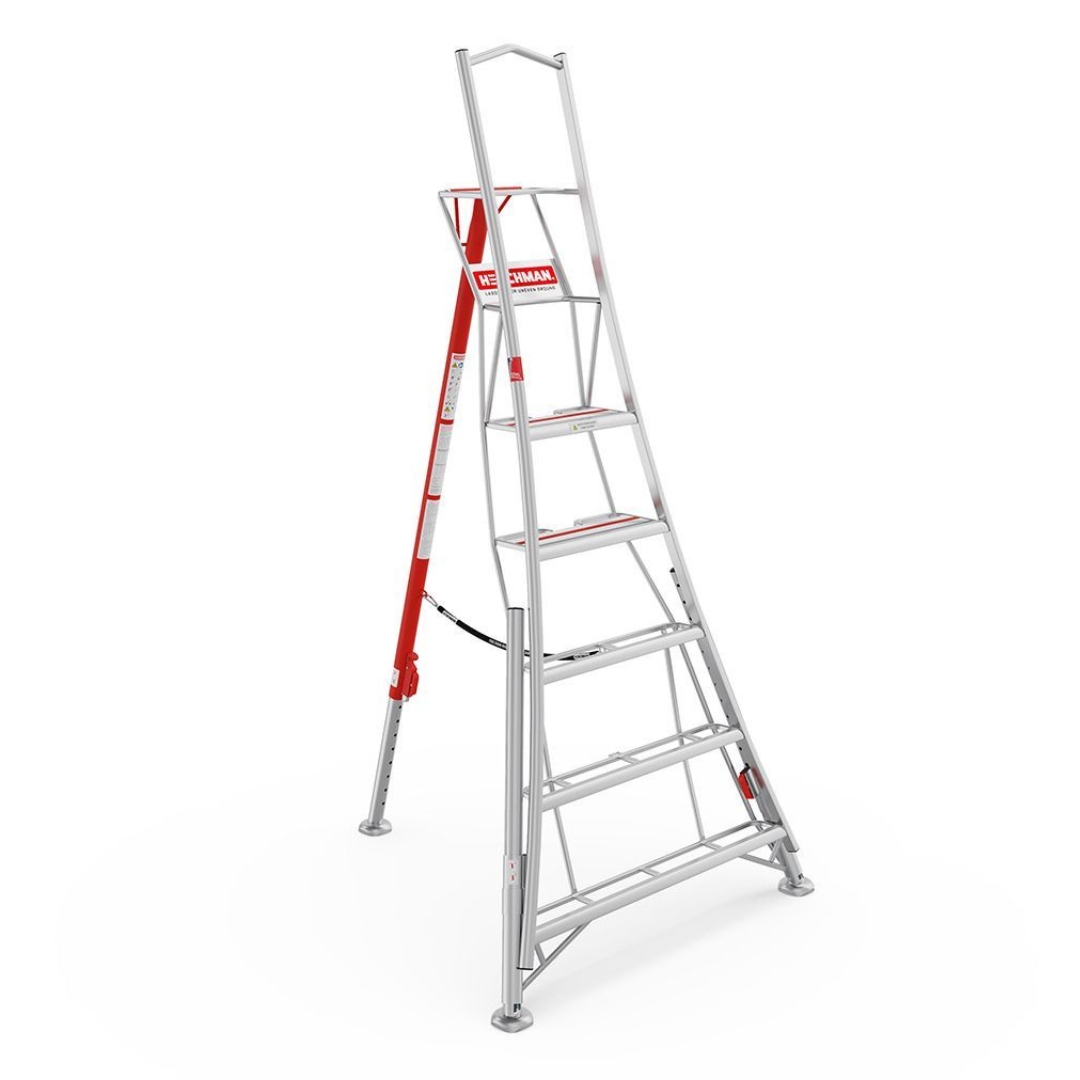 Henchman HMT240.P 8ft fully adjustable PRO tripod ladder with independently adjustable legs, large standing platform and safety support rail, designed for maximum stability on uneven ground, shown on a white background.