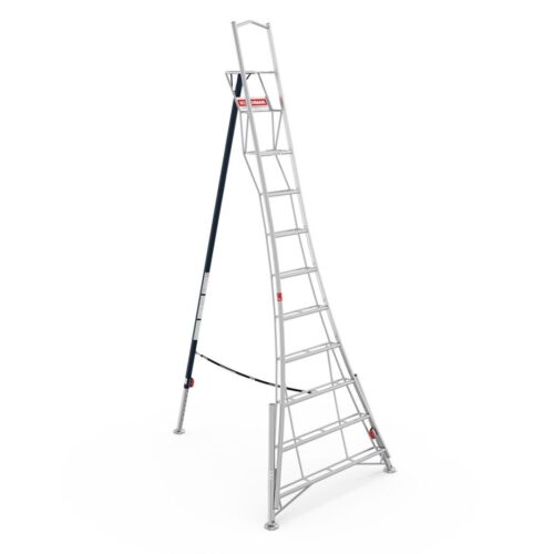 Henchman HMT360.P 12ft fully adjustable PRO tripod ladder with independently adjustable legs, large standing platform and safety support rail, designed for maximum stability on uneven ground, shown on a white background.