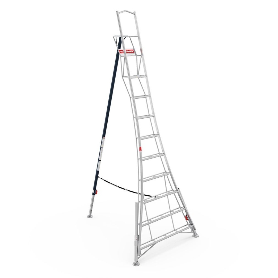 Henchman HMT360.P 12ft fully adjustable PRO tripod ladder with independently adjustable legs, large standing platform and safety support rail, designed for maximum stability on uneven ground, shown on a white background.