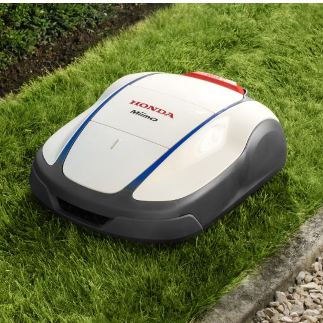 Honda Miimo HRM 1500 Live robotic lawn mower maintaining a healthy lawn with neat edge-to-edge cutting in a landscaped garden.