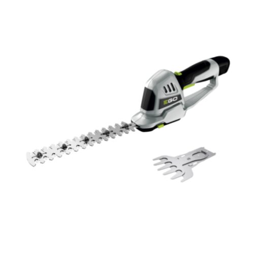 EGO CHT2001E 12V cordless grass and shrub shear with interchangeable grass trimming blade and shrub cutting attachment for precise garden maintenance.