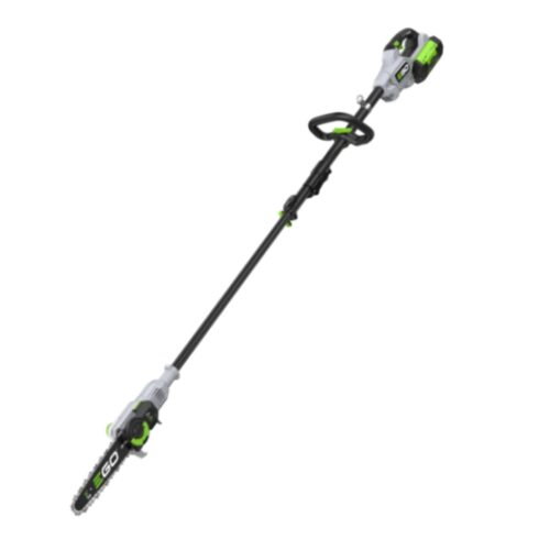 EGO PS1003E telescopic cordless pole saw with extendable shaft and chainsaw head for safely pruning high branches and overhead tree limbs.