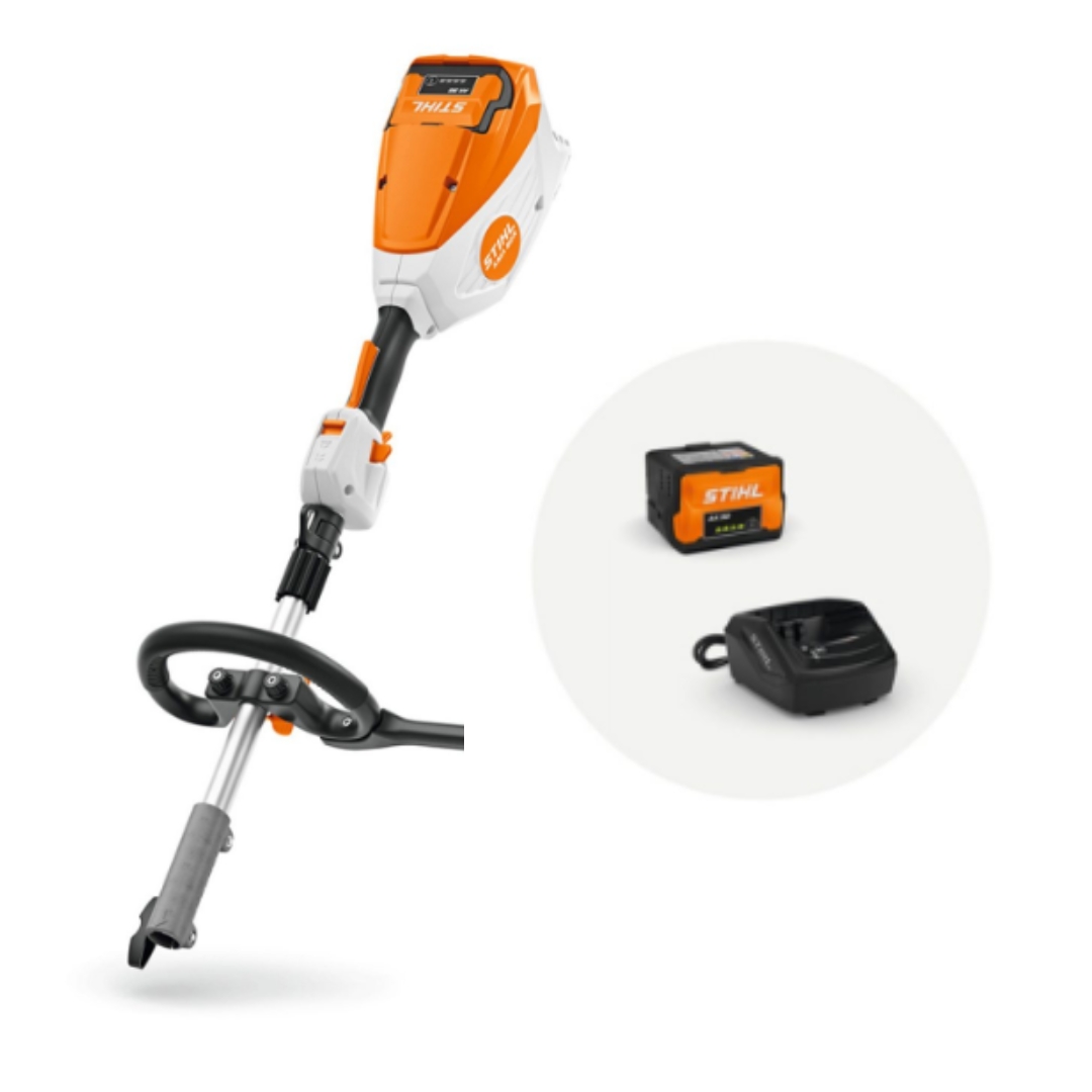 STIHL KMA 80 R cordless KombiMotor kit from the AK Battery System including AK 30 battery and AL 101 charger, versatile power unit compatible with STIHL KombiSystem attachments.