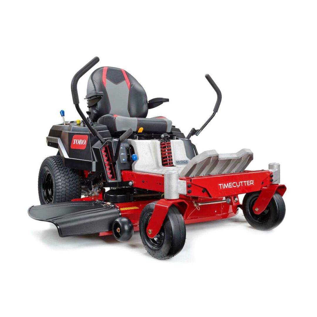 Toro TimeCutter MR4275T petrol zero-turn lawn mower with 42-inch fabricated cutting deck, MyRIDE® suspension and premium operator controls, shown from the front angled view.