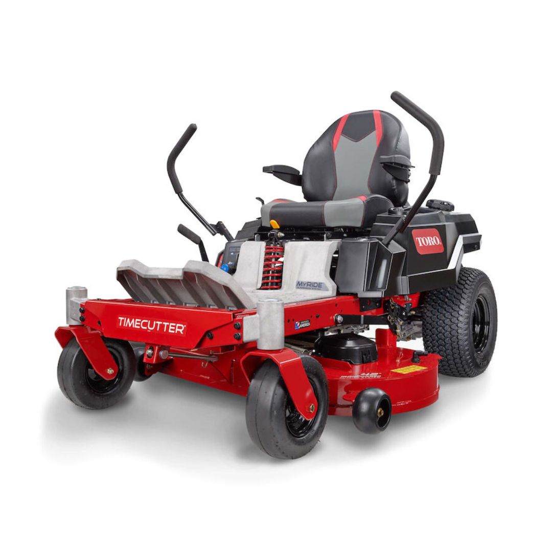 Toro TimeCutter MR4275T petrol zero-turn lawn mower with 42-inch cutting deck, MyRIDE® suspension system and high-back comfort seat, shown from the front three-quarter angle.