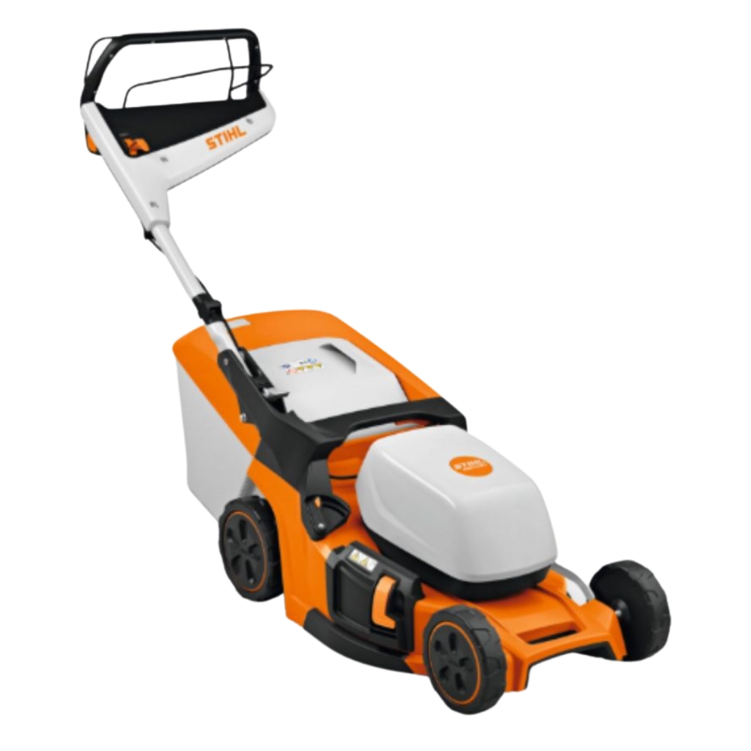 STIHL RMA 448 V cordless lawn mower (unit only) with variable-speed self-propelled drive, 46cm cutting deck, grass collection box and ergonomic mono-comfort handle, displayed on a white background without battery or charger.