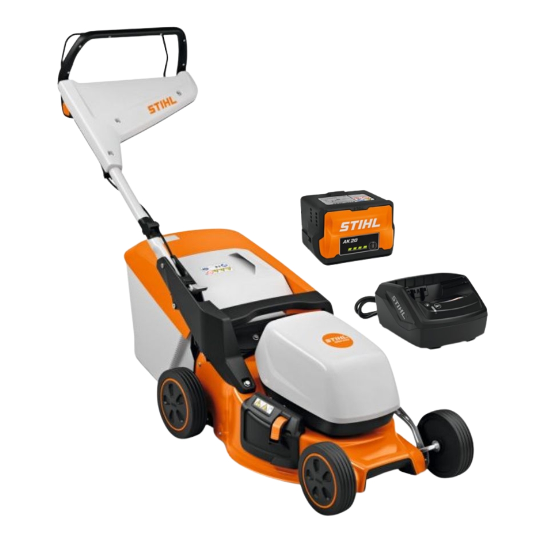 STIHL RMA 243.3 cordless lawn mower with AK 20 battery and charger, featuring a 41cm cutting deck, grass collection box and ergonomic handle, displayed on a white background as a complete AK System kit.