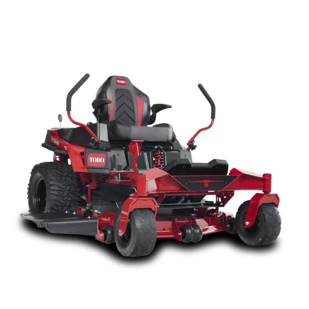 Toro Titan ZXM4875 petrol zero-turn lawn mower with 48-inch fabricated cutting deck, MyRIDE® suspension and high-back comfort seat, shown from the rear three-quarter angle.