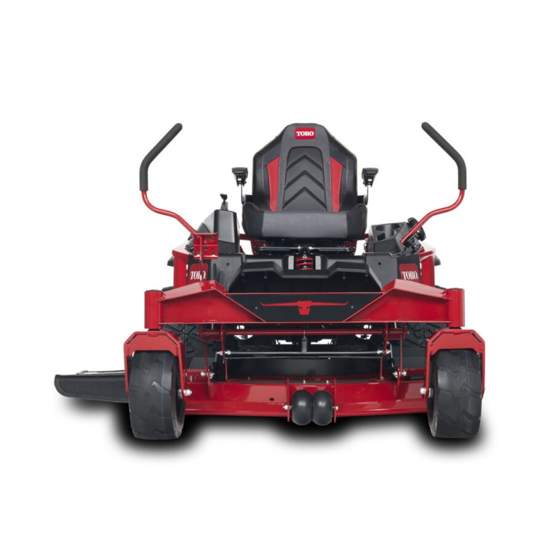 Toro Titan ZXM4875 petrol zero-turn lawn mower with 48-inch fabricated cutting deck, MyRIDE® suspension and twin steering levers, shown from the front.