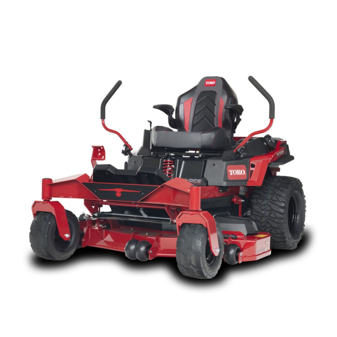 Toro Titan ZXM4875 petrol zero-turn lawn mower with 48-inch fabricated cutting deck, MyRIDE® suspension system and premium comfort seat, shown from the front three-quarter angle.