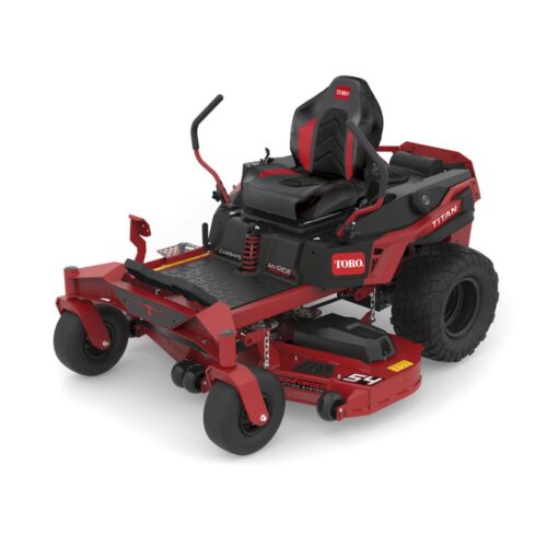 Toro Titan ZXM5475 petrol zero-turn lawn mower with 54-inch IronForged cutting deck, MyRIDE® suspension system and high-back comfort seat, shown from the front three-quarter angle.