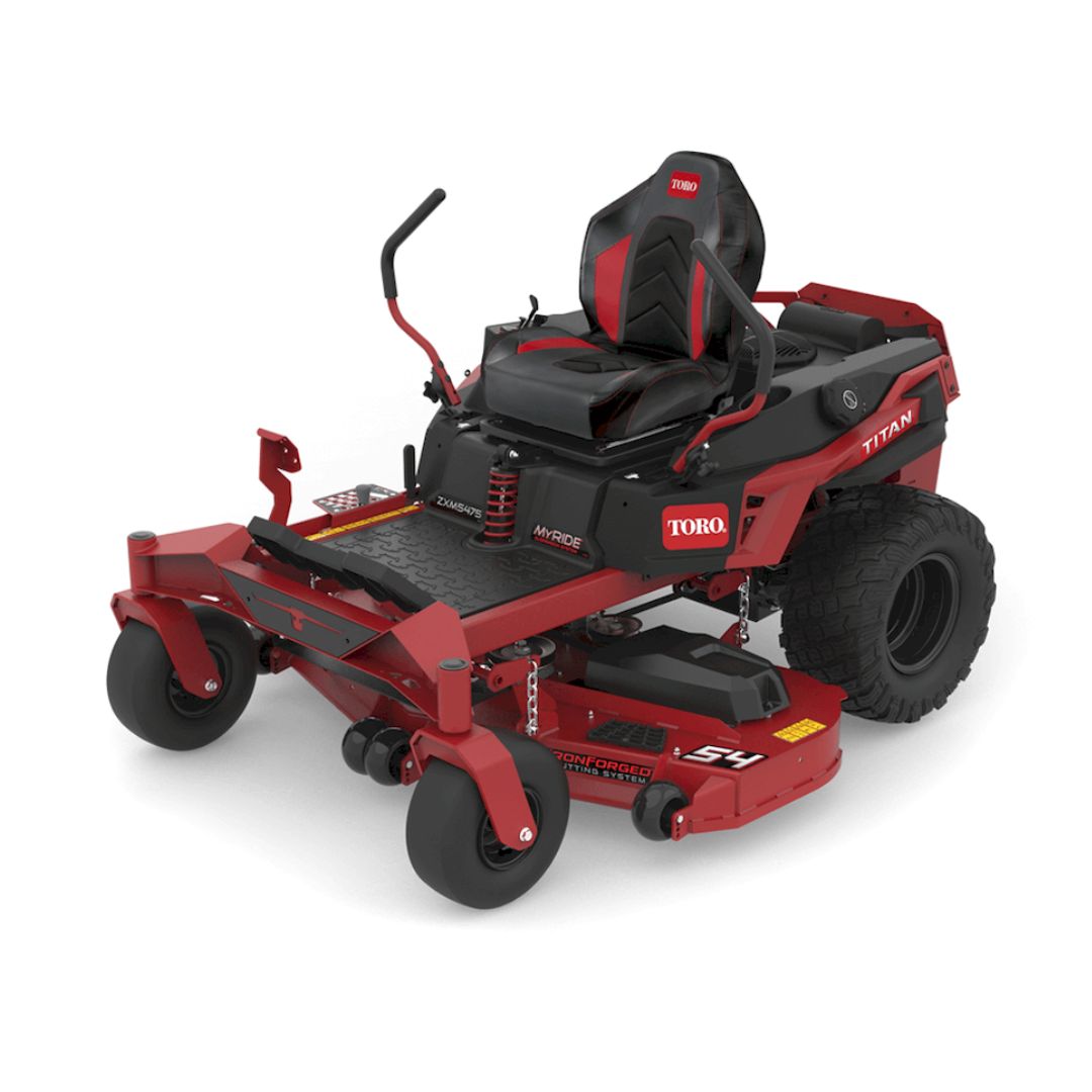Toro Titan ZXM5475 petrol zero-turn lawn mower with 54-inch IronForged cutting deck, MyRIDE® suspension system and high-back comfort seat, shown from the front three-quarter angle.