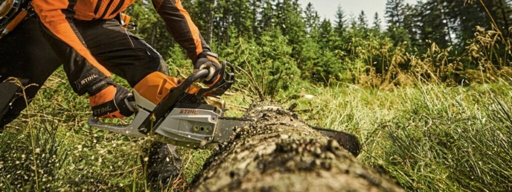 Cordless STIHL chainsaw cutting timber in a woodland setting, showcasing advanced battery-powered chainsaw technology.