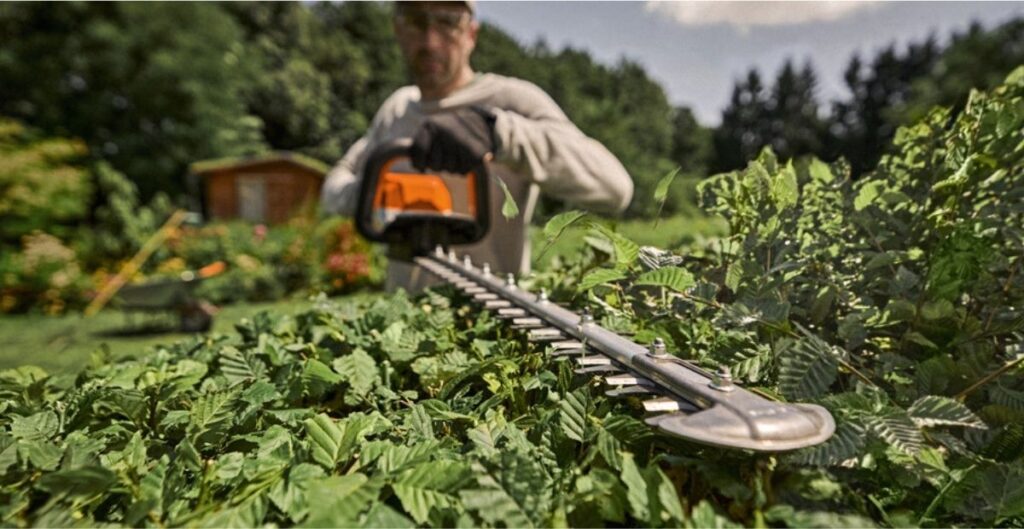 Person using a cordless hedge trimmer to cut garden hedges with battery-powered garden machinery.