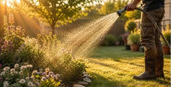 Gardener watering flower beds early in the morning during hot, dry summer weather.
