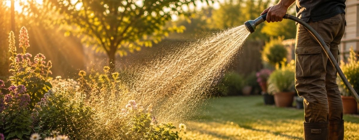 Gardener watering plants in the early morning to conserve water during hot summer weather.