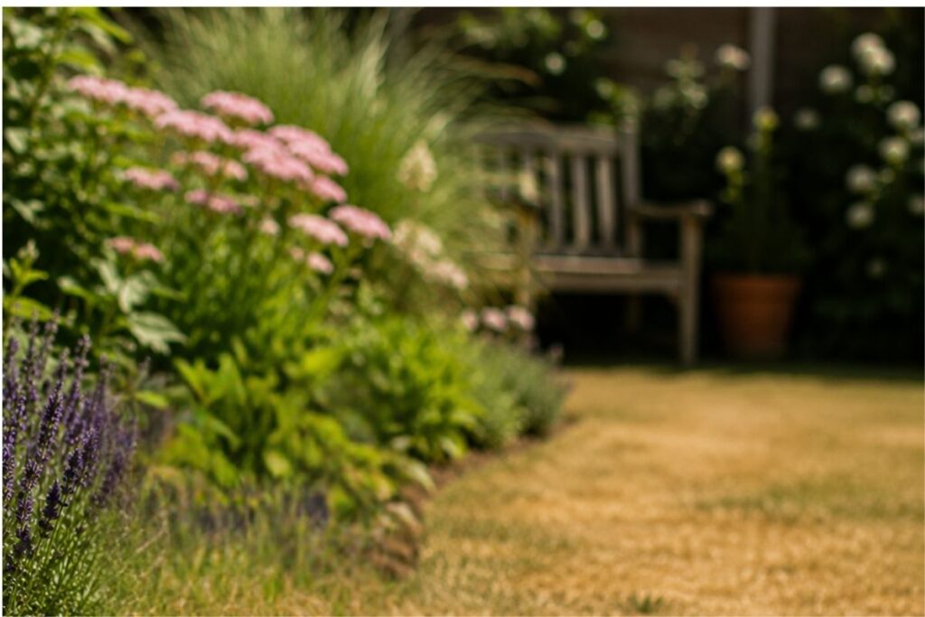 Brown summer lawn beside a colourful garden border during hot, dry weather.